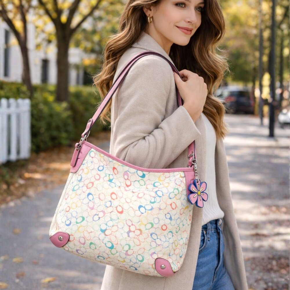 Vintage Large Coach Multicolor Signature Hobo with Pink Trim